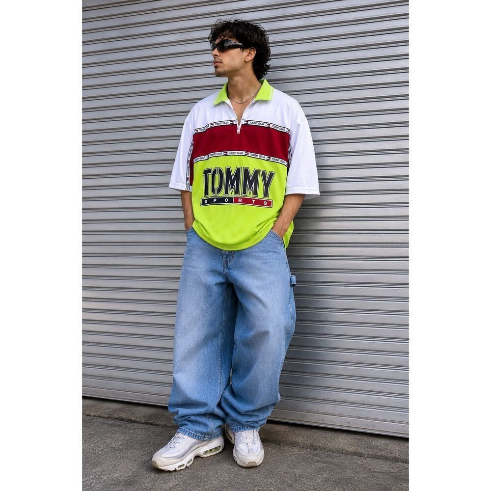 Vtg 90s Tommy Hilfiger Gear Colorblock Spellout Zip Polo Shirt USA XL Paper Tag